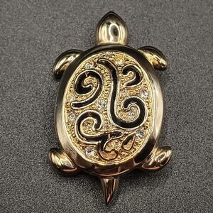 Rhinestone Openwork Turtle Brooch Pin Gold Tone Signed Roman